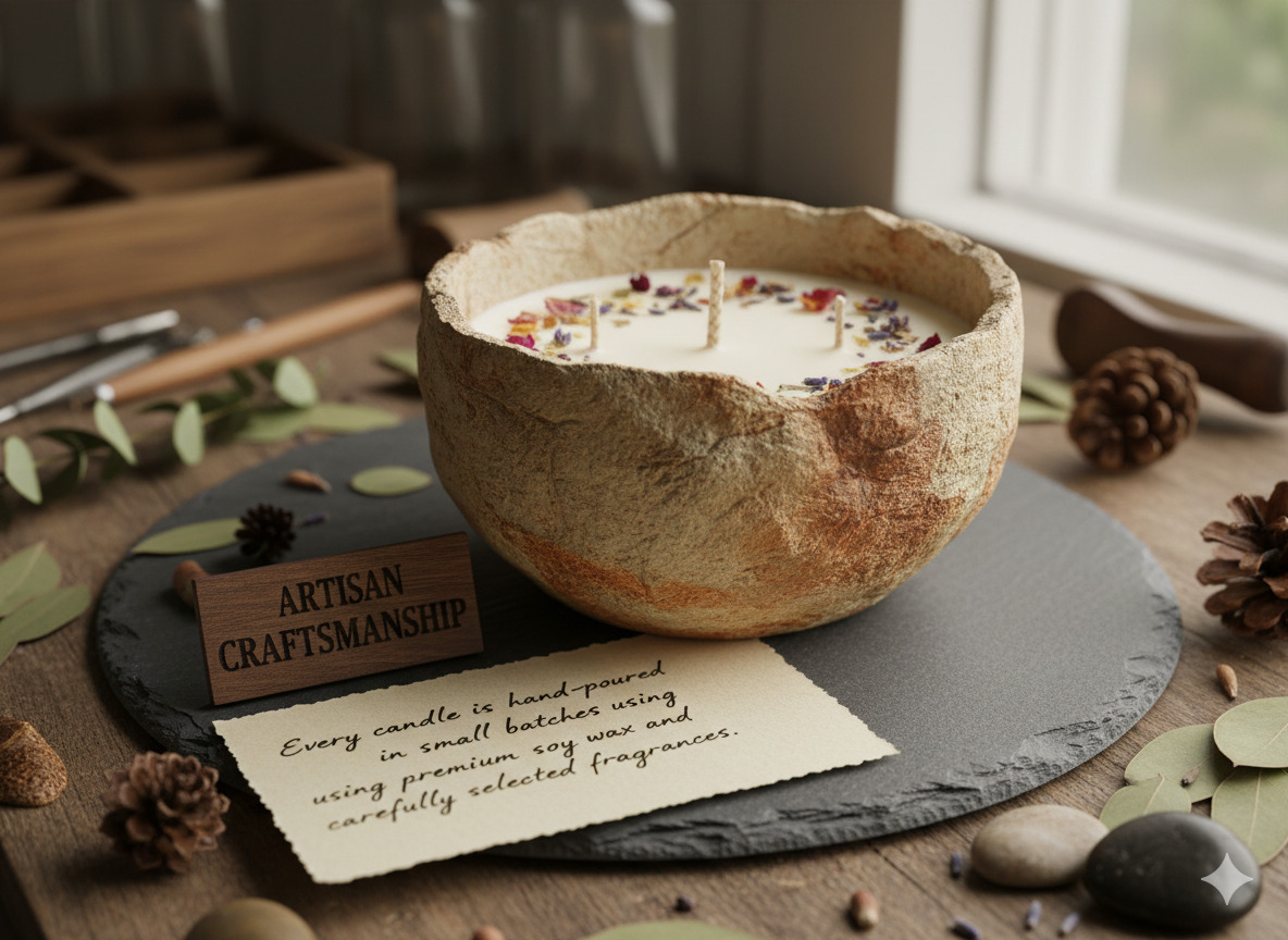 Hand-poured candle in natural vessel